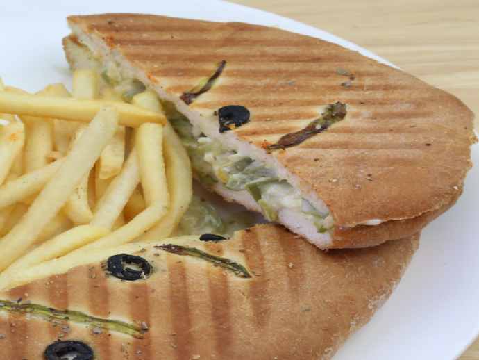 ROCK SALT OLIVE FOCCACIA SANDWICH (Veg)  - Served with Fries, Coleslaw and Ketch up